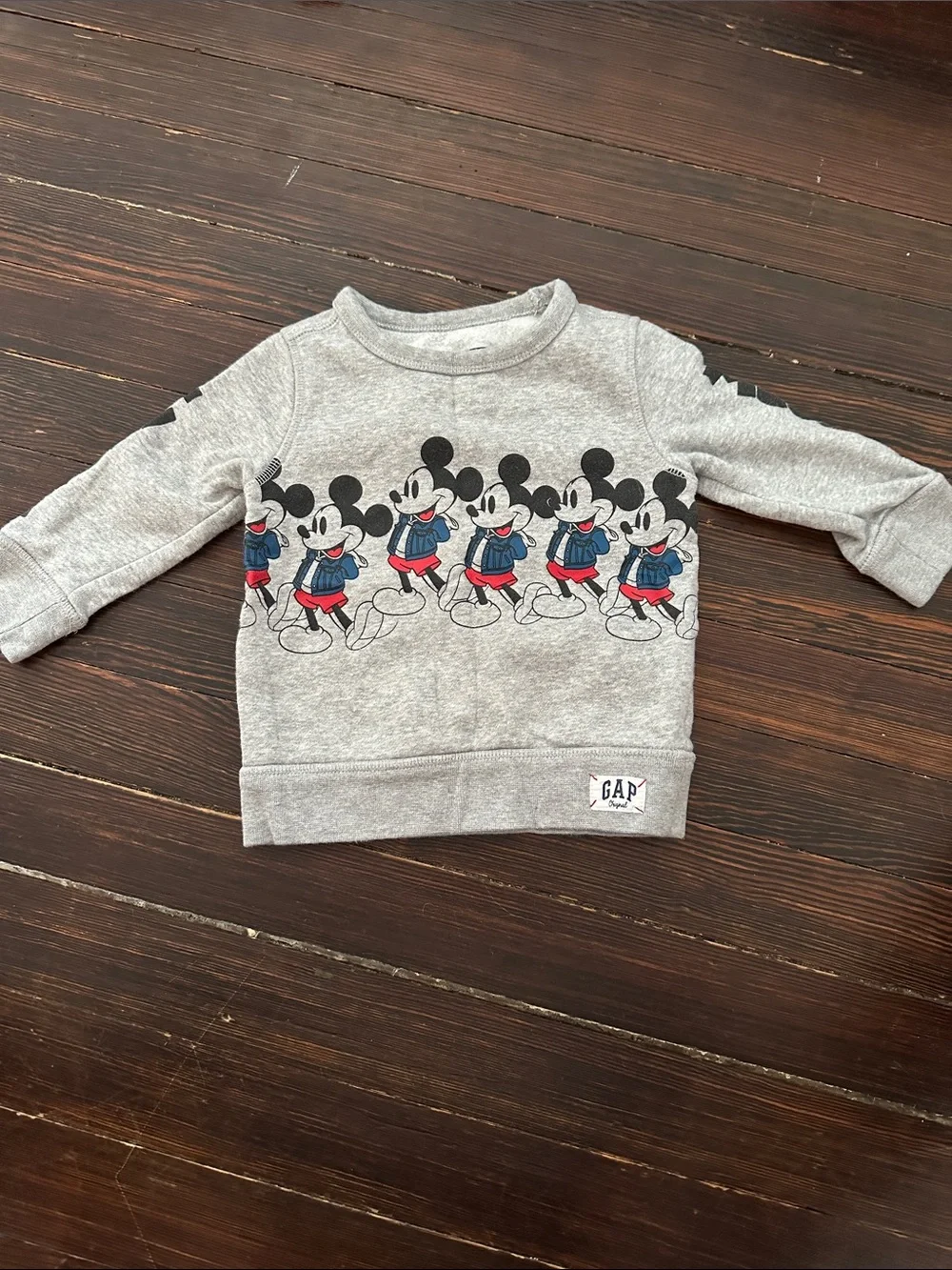 GAP Heather Gray Mickey Mouse Repeat Graphic Sweatshirt with Navy & Red Accents